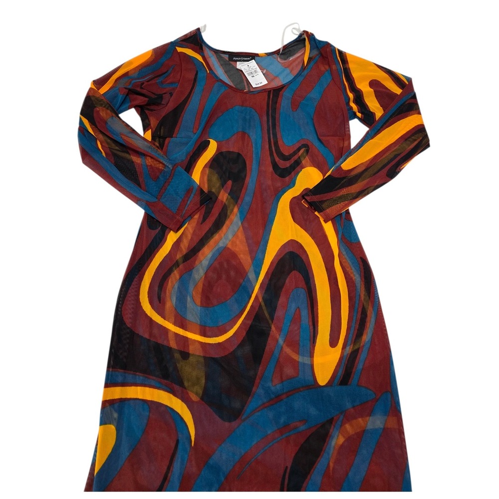 Ashley Stewart Mesh Swirl Print Festival  Artsy Beachy Long Sleeve Midi‎ Dress